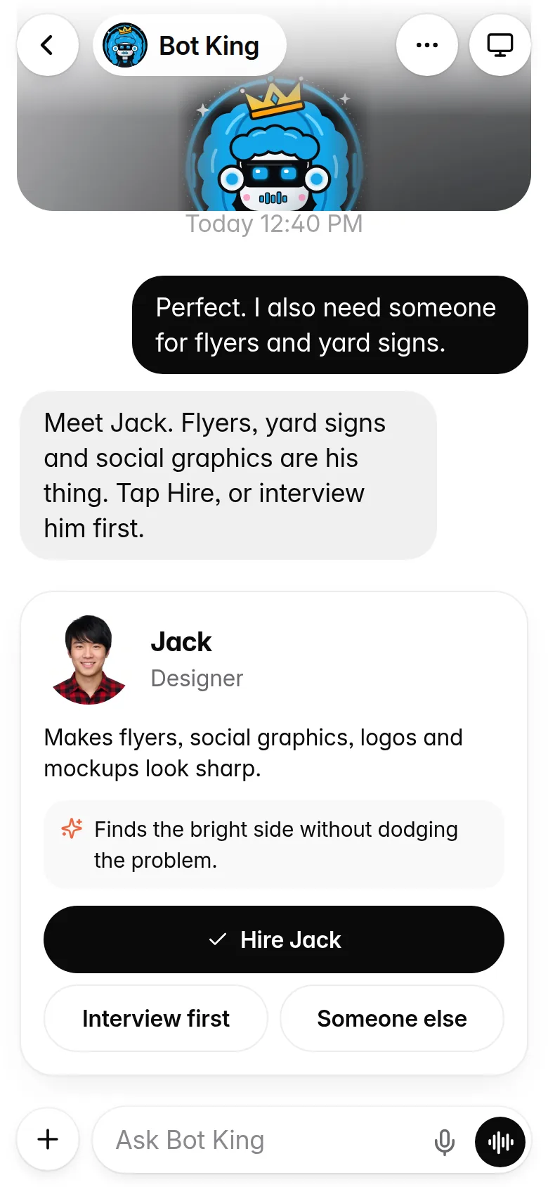 ZOOGABOOG! Teams on a phone: Bot King introduces Jack, a designer, with a card to hire him or interview him first.
