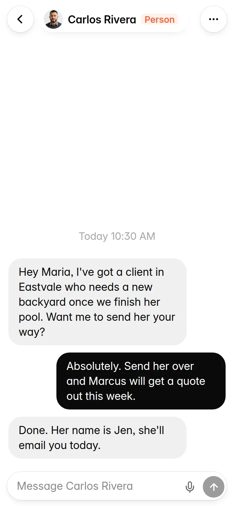 A People chat with Carlos Rivera, a pool builder with his own ZOOGABOOG! Teams app, who sends the owner a new customer.
